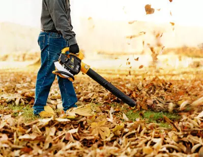 soplador retirando hojas durante el otoño